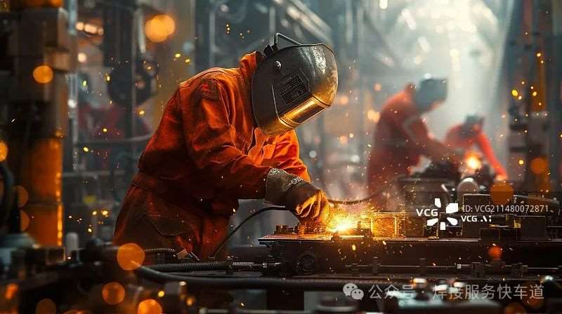 【AI数字艺术】工厂车间内工人正在焊接,大国工匠工作场所钢铁厂图片素材